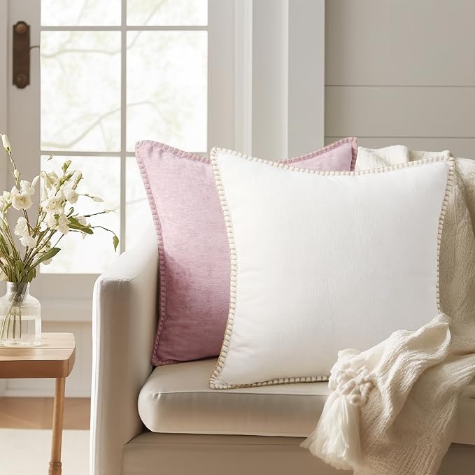 decorUhome Soft Chenille Throw Pillow Covers 20x20 Set of 2 Cream White | Fall Textured Decorative Throw Pillow Cases Stitched Edge Modern Farmhouse Luxury Boho Velvet for Couch Sofa Bed Home Decor