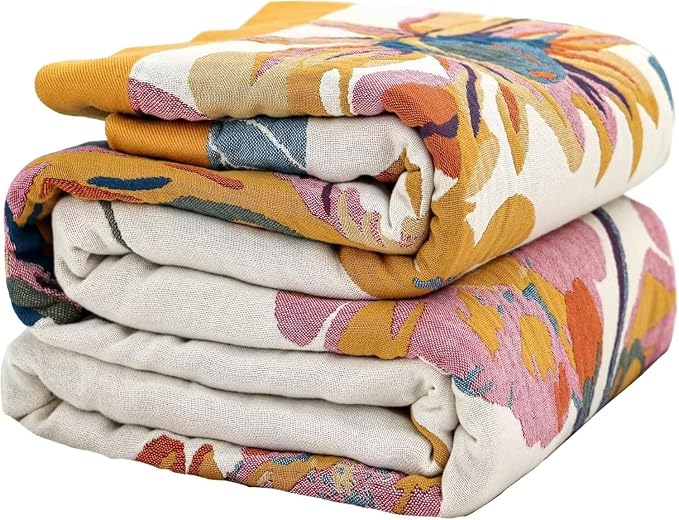 Boho Throw Blanket Farmhouse Decor Throw Blanket Bohemian Blanket for Bed 100% Cotton Muslin Woven Couch Blanket All Seasons Quilt Bedroom (D-Yellow, 80"x90")