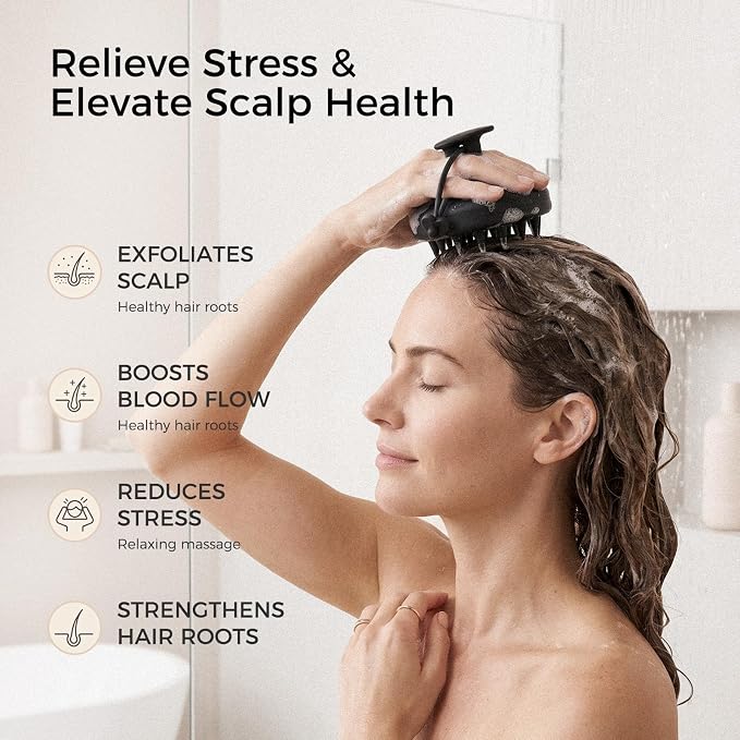 Scalp Massager Shampoo Brush, Soft Silicone Bristles Head Scrubber for Deep Cleansing, Dandruff Removal & Hair Growth, Ergonomic Exfoliator, Wet & Dry Use, Eco-Friendly Shower Brush, Black
