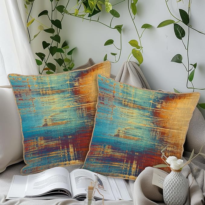 KSLIDS Vintage Abstract Soft Velvet Throw Pillow Covers Set of 2 Blue Orange Messy Rust Painting Decorative Pillow Covers 18x18 Inch Colorful Art Pillow Case for Sofa Couch Living Room Home Decor