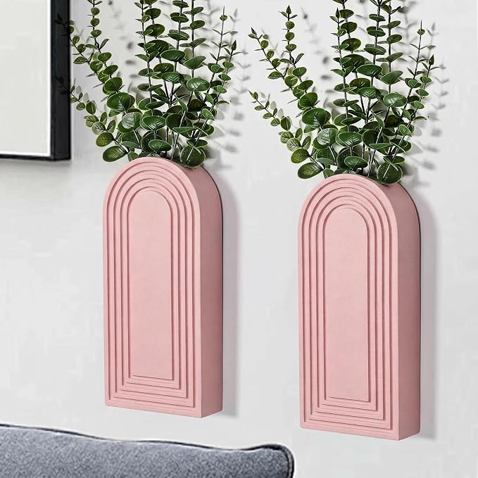 Dnnnii 2 Pack Wooden Wall Vase Set - Pink Finish Modern Farmhouse & Boho Wall Decor for Entryway, Hallway, Bathroom, Living Room, Dining Room, Narrow Spaces