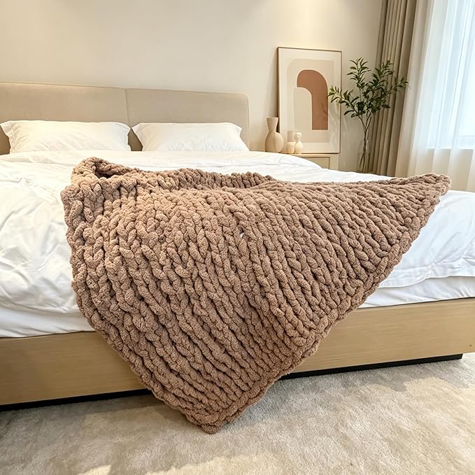 Soft Chunky Knit Throw Blanket for Couch, Cozy Warm Knitted Blankets | Hand Knit with Jumbo Chenille, Lightweight Warm Fluffy Decor for Women, Mom, Her & Girls,Sofa,Chair,Bed,40"×40"(Light Brown)