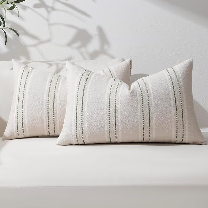 Hckot Throw Pillow Covers 12x20 Set of 2 Striped Pillow Covers Textured Linen Decorative Pillows Lumbar Cushion Covers for Sofa Couch Bed Living Room Farmhouse Decor, Sage Green