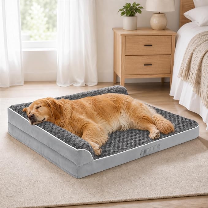 XXL Orthopedic Dog Bed, Extra Large Dogs, 48"x35"x7.5", Grey | Waterproof, Washable Cover, L-Shaped Pet Couch, Egg-Crate Foam for Pressure Relief, Portable Handle