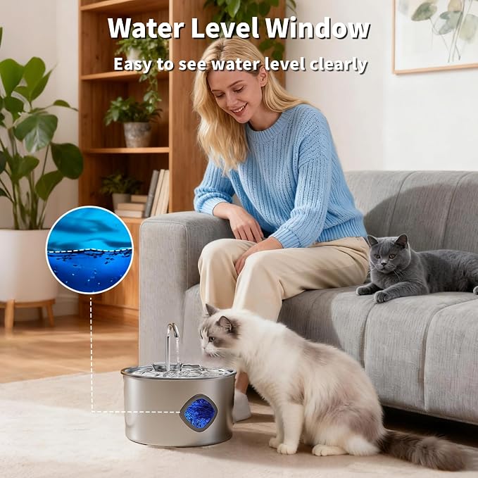 Cat Water Fountain Stainless Steel: 108oz/3.2L Cat Fountain for Drinking - Pet Water Fountains for Cats Indoor - Dog Water Bowl Dispenser - Pets Feeding & Watering Supplies - Automatic Water Dispenser