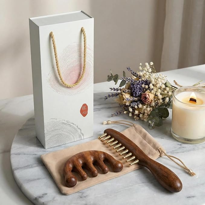 Copper Gua Sha Tool & Scalp Massager Comb Set - Professional Meridian Scraping Kit for Body, Neck & Lymphatic Drainage - Premium Sandalwood & Brass Massage Gift Set - Ideal Mother’s Day Gift