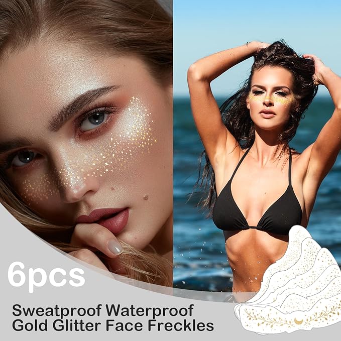 6Pcs Makeup Patches - Gold - Glitter Face Paint Speckles，Sweatproof Waterproof Gold Glitter Face Freckles，Singer Concerts Festival Rave Accessories， Fake Freckles for Women.