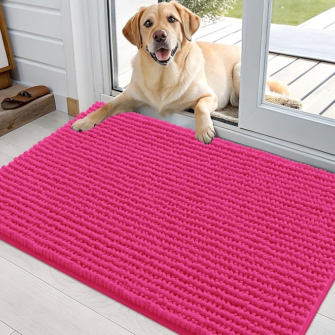 OLANLY Dog Door Mat for Muddy Paws 36x24, Extra Absorbent Chenille Mud Mat | Hot Pink, Absorbs Moisture and Dirt, Non-Slip Machine Washable Doormat, Quick-Drying Indoor Entryway Floor Mat for Dogs