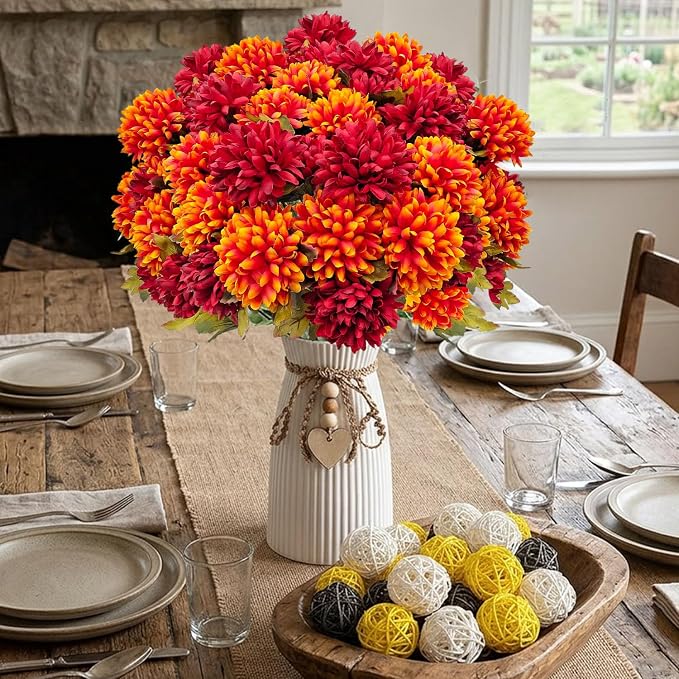 4 Bundles Large Artificial Fall Flowers Faux Mums for Outdoor Planters | Silk Fake Chrysanthemums Bouquet for Home Vase Outside Front Porch Table Floral Arrangement Wedding Autumn Decor