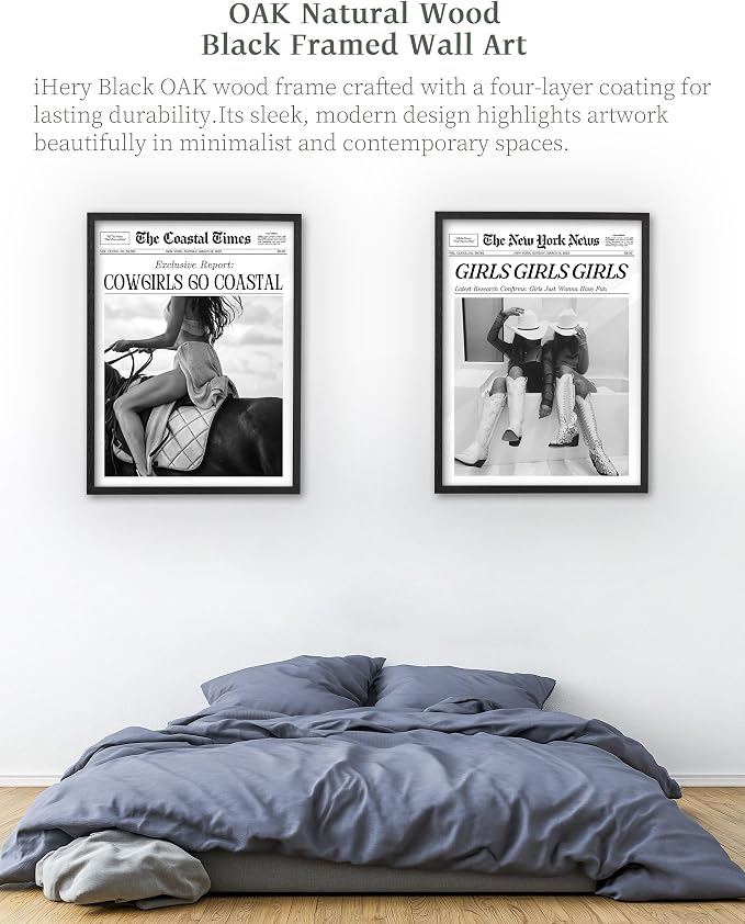 iHery 16x20in Cowgirls Go Coastal Framed Newspaper Wall Art | Premium Black Natural OAK Wood Frame with Canvas Print, Western Horseback Decor for Bedroom, Dorm, Living Room 1Pack