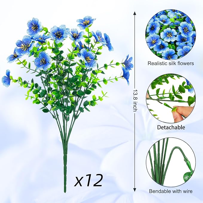 12 Pcs Artificial Flowers for Outdoors Decorations, Blue | Lifelike silk flowers, UV resistant, faux plastic plants, for garden porch window table vase home indoor outdoor decor
