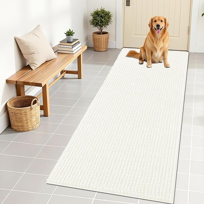 OLANLY Dog Door Mat for Muddy Paws 70x24, Extra Absorbent Chenille Mud Mat | Ivory, Absorbs Moisture and Dirt, Non-Slip Machine Washable Doormat, Quick-Drying Indoor Entryway Floor Mat for Dogs