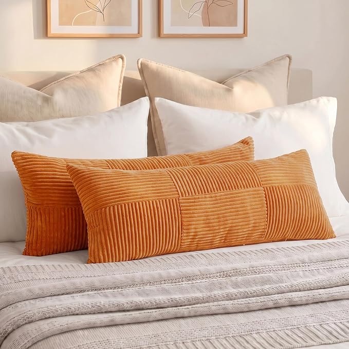 Fancy Homi Set of 1 Orange Boho Long Lumbar Body Decorative Throw Pillow Cover 14x36 Inch for Bed Couch Bedroom Bench, Soft Patchwork Corduroy Textured Pillow Case, Rustic Farmhouse Room Decor