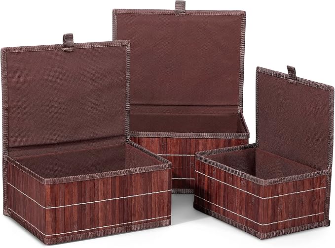 Honygebia Bamboo Decorative Storage Boxes - Set of 3 Woven Lined Storage Basket with Lids, Retro Brown Wicker Lidded Baskets for Home Kitchen Shelf Organizer Decor