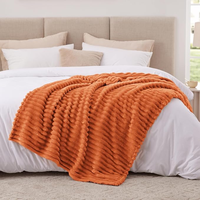 EXQ Home Fall Blanket Twin Size for Couch or Bed - 3D Stripe Jacquard Decorative Fleece Blankets - Cozy Soft Lightweight Fuzzy Flannel Blanket Suitable for All Seasons(60"×80",Orange)