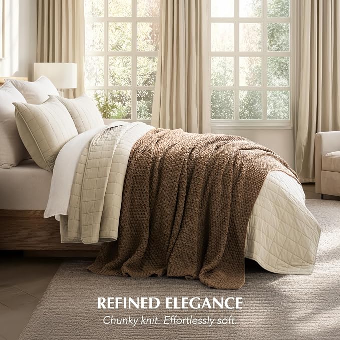 EVERGRACEHOME Chunky Chenille Knit Throw Blanket, 90 x 90, Camel Brown | Sculpted Moss Stitch, Chic Modern Farmhouse, All-Season Warmth, OEKO-TEX® Certified, Oversized Queen for Couch, Bed, Sofa