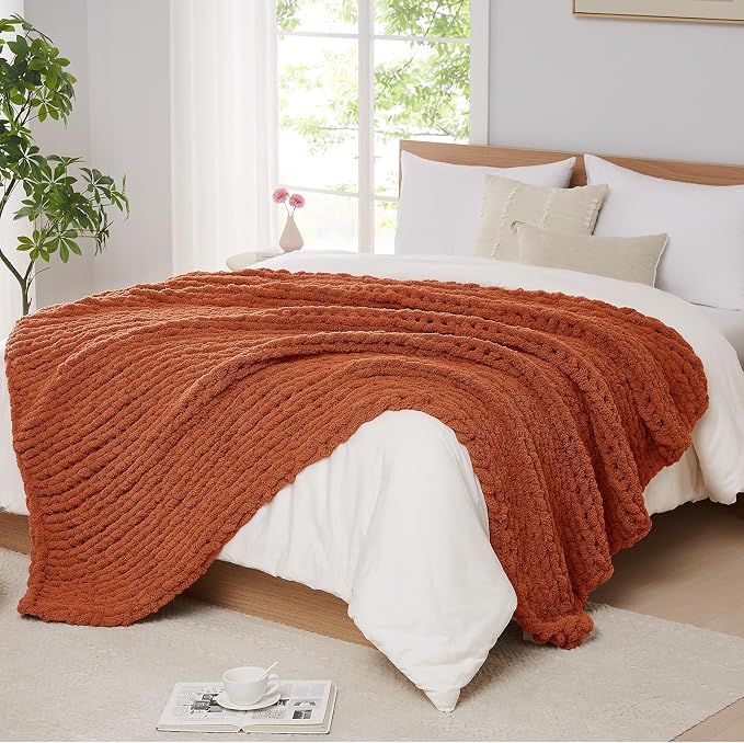 L'AGRATY Chunky Knit Throw Blanket for Couch, 60 x 80 Inches, Rusty Orange | Handmade Chenille Crochet Blanket for Sofa Bed, Thick Cable Knitted Blankets for Room Home Decor, Birthday Gift for Women Mom