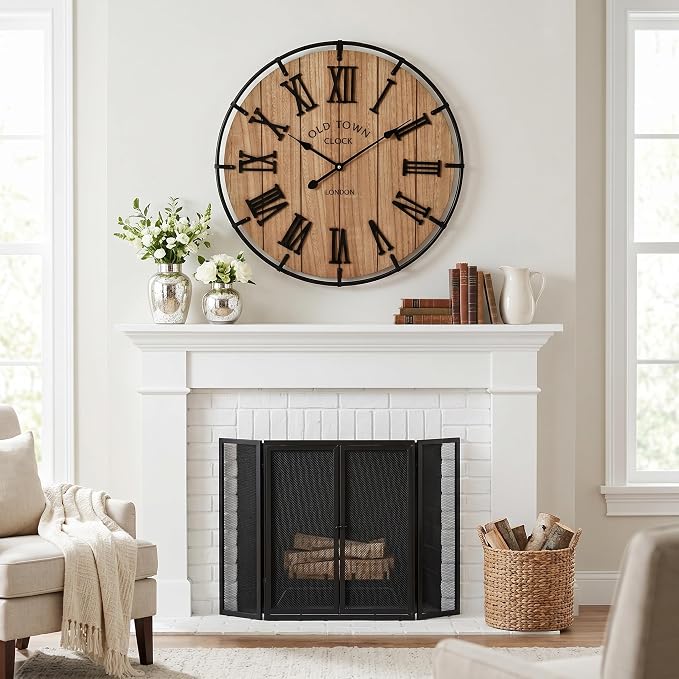 EMAX HOME 24 Inch Large Farmhouse Wall Clock, Natural Wood Grain Face with Black Metal Frame, Silent Non-Ticking Quartz Movement, Vintage Wall Decor for Living Room, Bedroom, Dining Room