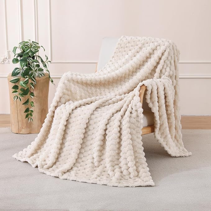 Cream Fleece Throw Blanket 60”×80” for Couch Sofa Bed Super Soft Cozy Plush Microfiber Flannel Blanket with 3D Jacquard Decorative Lightweight for Mom Woman