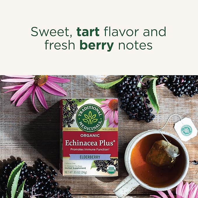 Traditional Medicinals Tea, Organic Echinacea Plus Elderberry, Boosts the Immune System, 16 Tea Bags (Pack of 2)