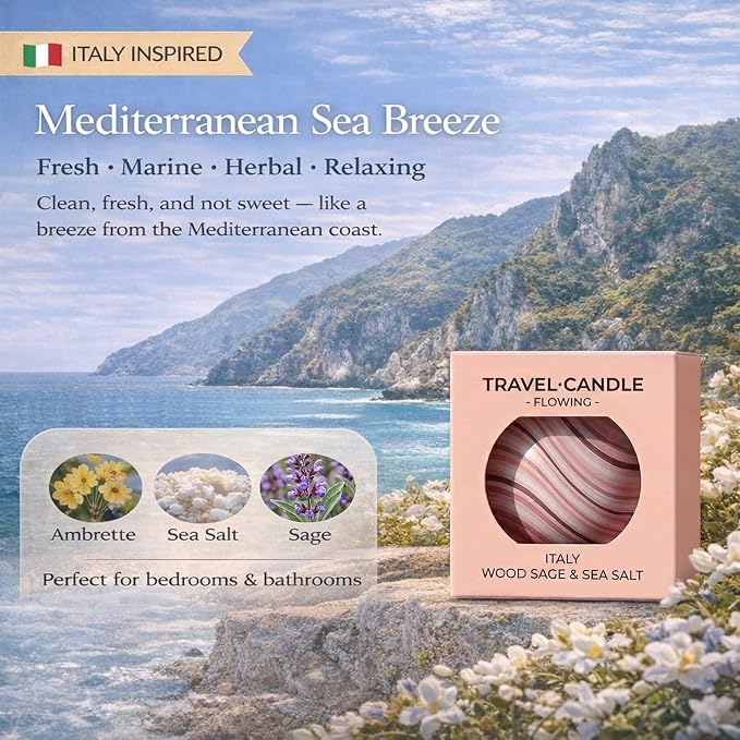 Italian Wood Sage & Sea Salt Scented Candle for Home, Soy Aromatherapy Decorative Candle Gift for Women, Portable Orb Candle, Travel Inspired Home Fragrance