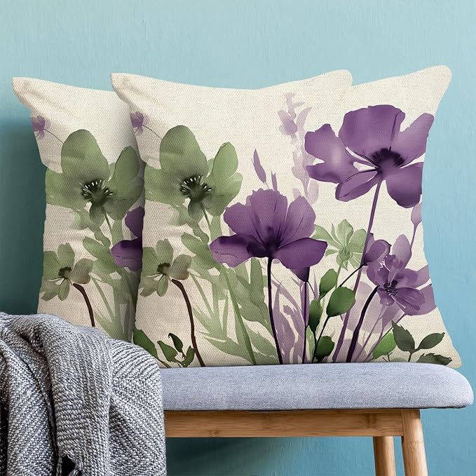 Sage Green Purple Floral Decorative Pillow Covers 18x18 Set of 2 | Flower Throw Pillow Cover Outdoor Decor Rustic Summer Pillowcase Farmhouse Decorative Cushion Cover For Home Sofa