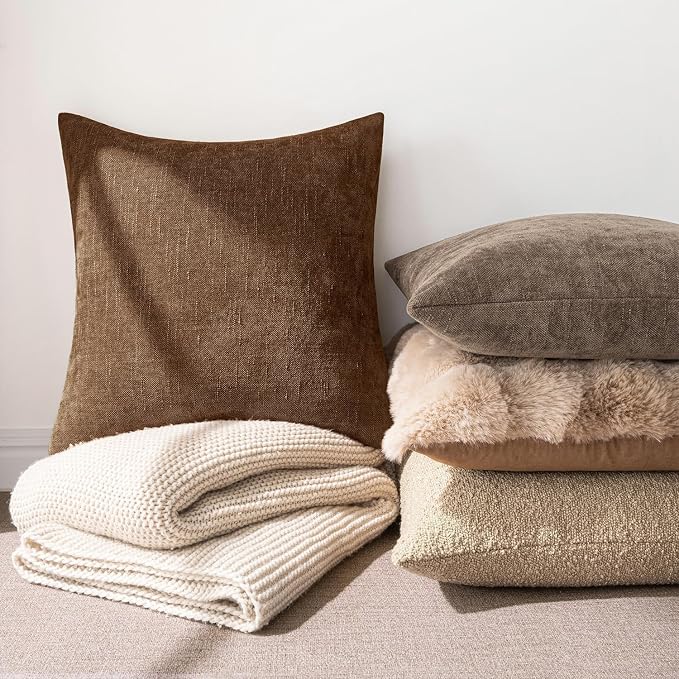 MIULEE 24x24 Inch Euro Textured Chenille Throw Pillow Covers Honey Brown | Pack of 2 Decorative Soft Throw Pillows,Solid Textured Cushion Covers,Modern Home Decor for Bed Couch Sofa Bedroom Livingroom