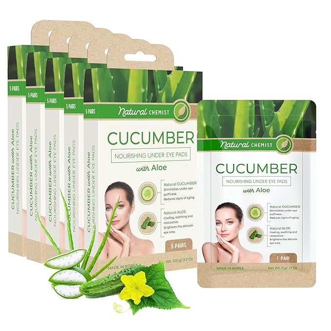 Natural Chemist Cucumber & Aloe Under Eye Patches - Soothing, Anti-Aging, Cooling, Hydrating, Dermatologist Tested, Cruelty Free Korean Skin Care For All Skin Types - 25 Pairs (5 Pack)