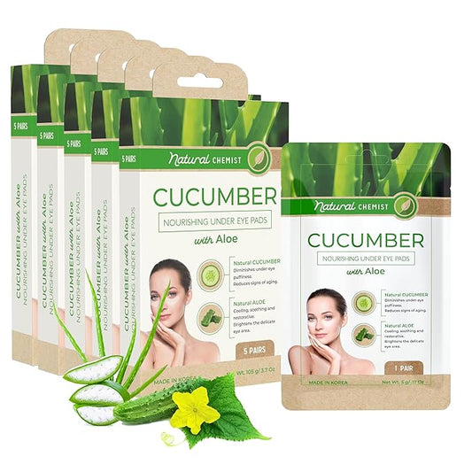 Natural Chemist Cucumber & Aloe Under Eye Patches - Soothing, Anti-Aging, Cooling, Hydrating, Dermatologist Tested, Cruelty Free Korean Skin Care For All Skin Types - 25 Pairs (5 Pack)