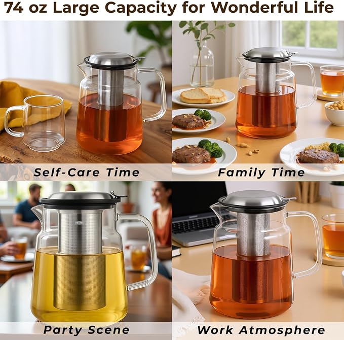 Aquach 74oz Glass Tea Pot with Infuser, Stovetop Safe Borosilicate Teapot | Dishwasher Safe, Plastic-free, Family Capacity, Precise Loose Leaf Filter, Easy-clean Opening