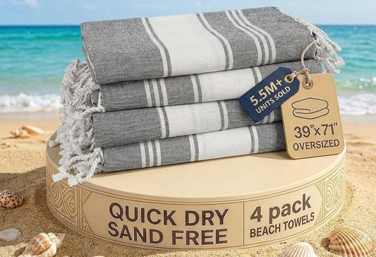 LANE LINEN Beach Towels 4 Pack Oversized - Turkish Towel Set, Pre-Washed Oversized Beach Towel, Quick Dry Beach Towels for Travel, Large Pool Towels, 39"x71" - Smoky Black
