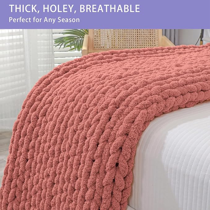 Bigacogo Chunky Knit Throw Blanket for Couch, 40x60 inches, Antique Red | Hand Knit with Jumbo Chenille, Soft Breathable Cable Knit for Sofa Bed Living Room, Machine Washable, Gift for Mom Friend