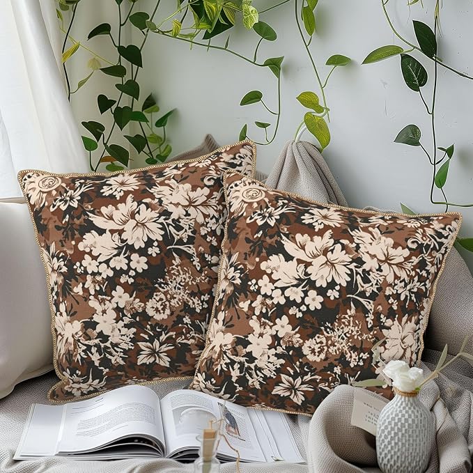Vintage Brown Cream Floral Velvet Pillow Covers 16x16 Inch Tapestry Neutral Flowers Throw Pillows for Couch Cushion Covers Pillowcase Boho Farmhouse Pillow Cases for Sofa Bed Bedroom