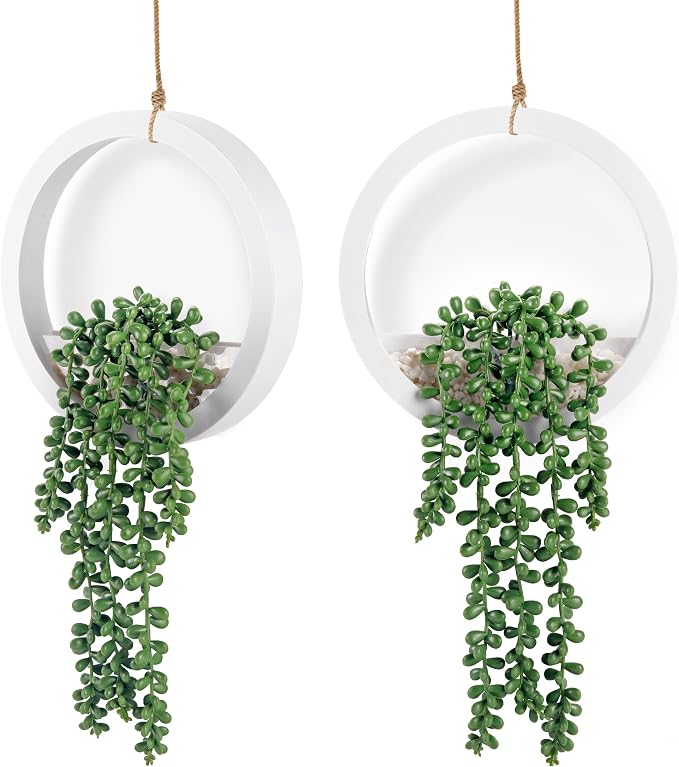 Der Rose 2 Pack 15" Artificial Hanging Plants in White Pots for Wall Decor | Realistic cascading pearls, hanging ropes, shelf display for bathroom bedroom living room boho wall decor，fresh all year