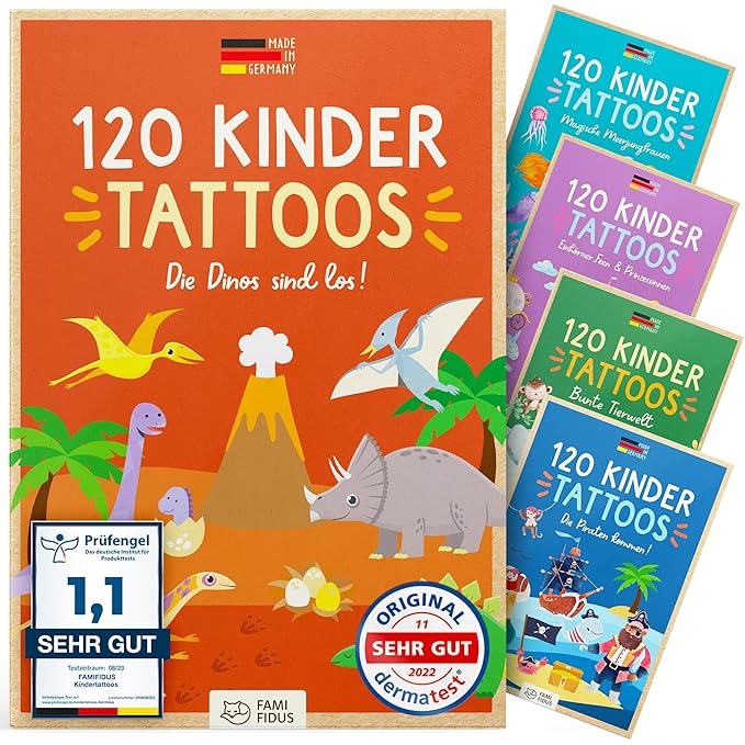 120 Skin-friendly Kids Tattoos - Dermatologically Tested & Rated VERY GOOD - Made in Germany - Our Temporary Tattoos for Kids (Dinos Theme)