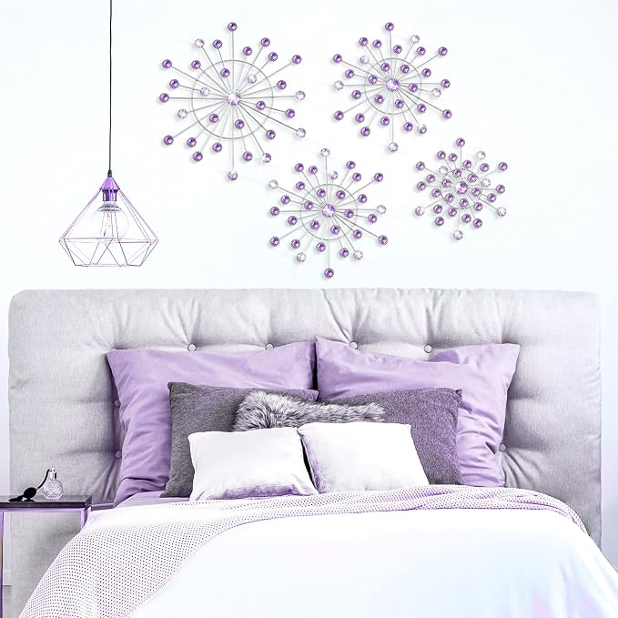 Blulu 4 Pcs Metal Wall Decor Bling Crystal Wall Art Cast Iron Rhinestones Sunburst Decor Starburst Art Hanging Diamond Accents Decorative for Living Room Bedroom Entryway (Purple)
