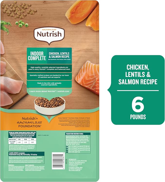 Nutrish Indoor Complete Dry Cat Food, 6 lb. Bag (Rachael Ray) | Chicken, Lentils & Salmon Recipe, Crafted for Adult Indoor Cats, Veterinarian Reviewed Formula