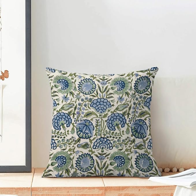Block Print Pillow Covers 18x18 Inch Pack of 2 Boho Blue Sage Green Floral Decor Throw Pillow Covers Spring Summer Flower Pillowcase Outdoor Farmhouse Decorative Cushion Cover for Couch Sofa