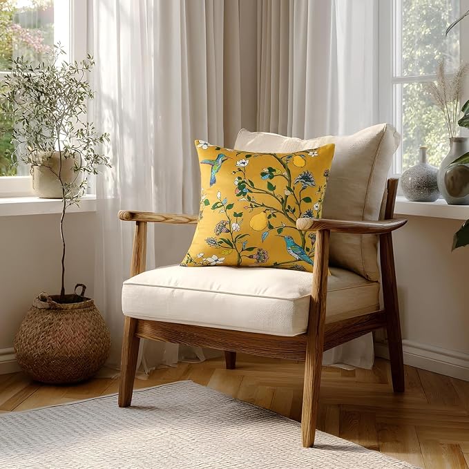 MUSSEL Yellow Velvet Floral Decorative 16x16 Pillow Covers Set of 2 | Soft Durable and Sturdy,Bird Plant,Throw Pillows Case,Square,Colorful Farmhouse Cushion Covers,Home Sofa Bed Couch Decor