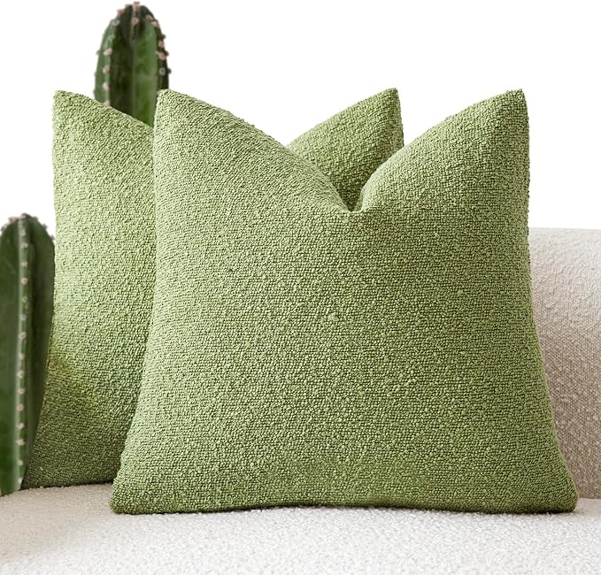 Foindtower Set of 2, Decorative Textured Boucle Throw Pillow Covers Accent Solid Pillow Cases Neutral Cozy Couch Cushion Case for Chair Sofa Bedroom Living Room Home Decor 26x26 Inch Leaf Green