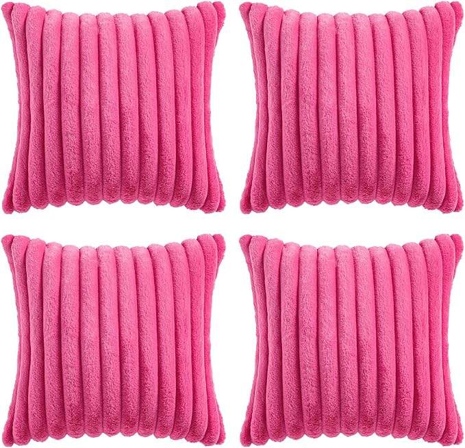 MIULEE Faux Fur Plush Decorative Throw Pillow Covers 18x18, Hot Pink | Set of 4, Striped, Soft Romantic Modern Home Decor, Cushion Cases for Sofa Couch Bed Living Room