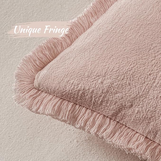 MIULEE Boho Linen Fringe Decorative Throw Pillow Covers Light Pink 18x18 | Set of 2, Cottagecore Decor, Boho Farmhouse Neutral Pillow Covers, Rustic Couch Cushion Cases for Sofa Bed Living Room