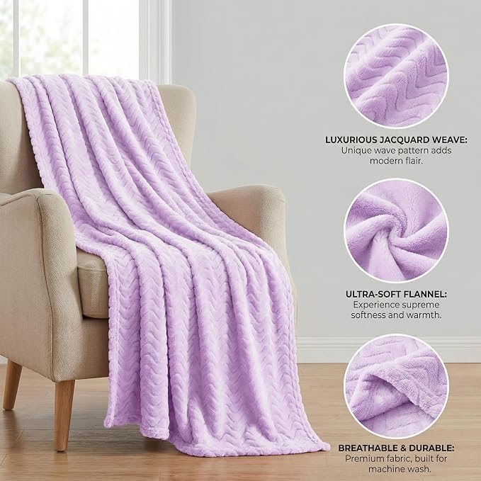 Exclusivo Mezcla Soft Fleece Blanket Queen Size for Bed, Sofa, Lilac Purple | 90"x90" Breathable Lightweight Flannel Blanket for Summer, Plush Cozy Jacquard Wave for Home Decor