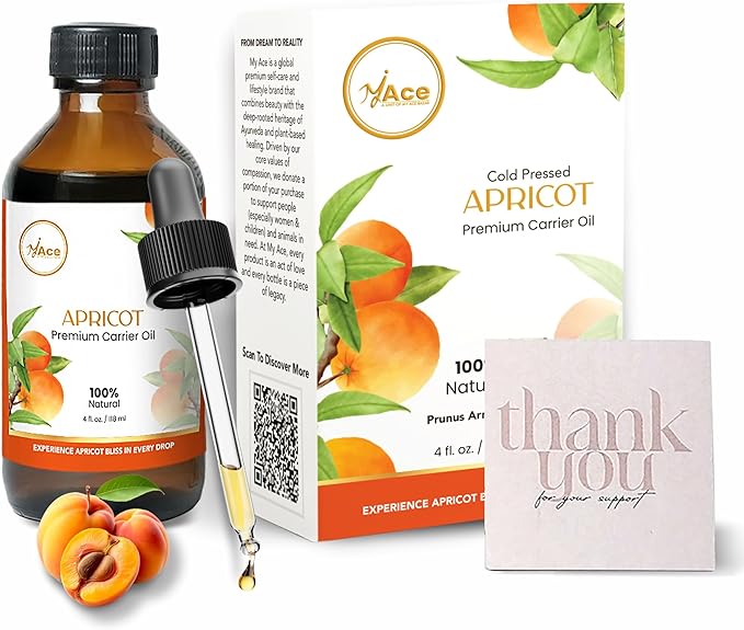 MY ACE Apricot Seed Carrier Oil | 100% Pure Cold Pressed Lightweight Oil with Dropper for Hair, Face, Skin, Scalp & Body Massage, Moisturizing & Aromatherapy – 4 fl oz