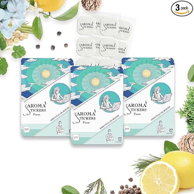 AROMA STICKERS® Original Blend Focus - 100% Natural Essential Oil Scented Sticker Diffuser - Aromatherapy for Personal Space - Face Mask & Pillow - (Pack of 3, 36 Stickers Total)