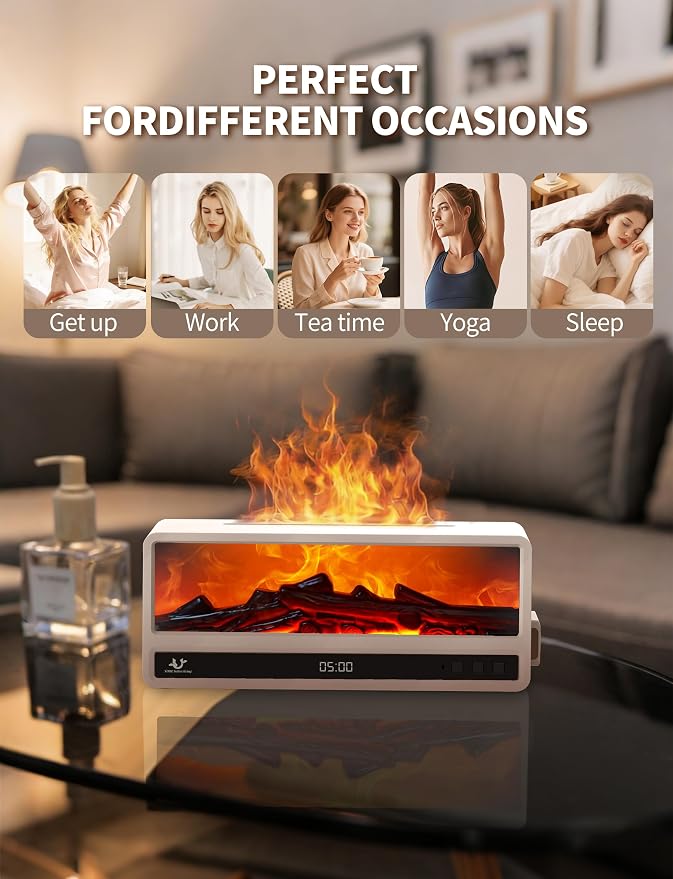 Essential Oil Diffuser for Bedroom, 250ml Aromatherapy Diffuser with Flame Effect, Remote Control, 7 Color LED Lights, Quiet Mist for Home Office and Living Room(White)