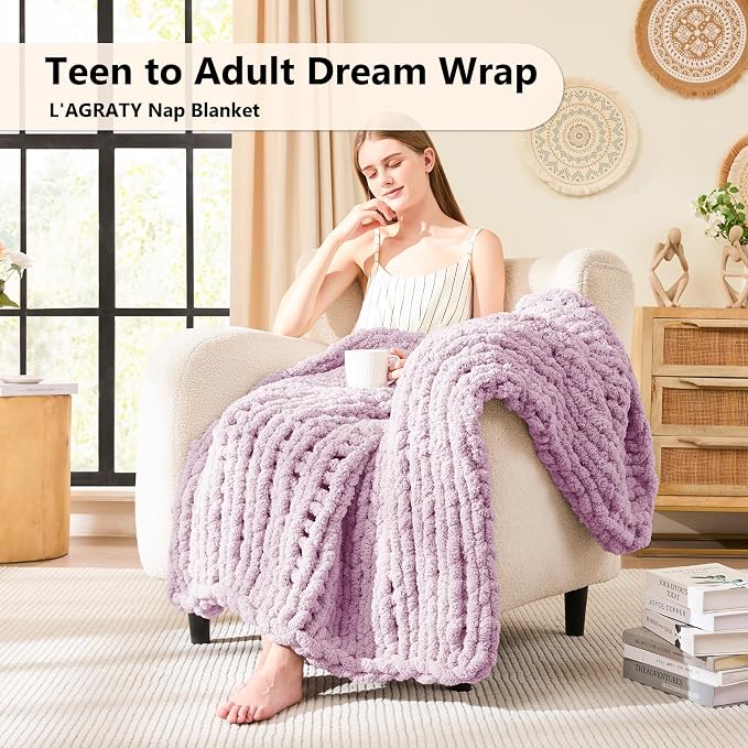L'AGRATY Chunky Knit Throw Blanket for Couch, 40'' x 50'' Knit Throw, Purple