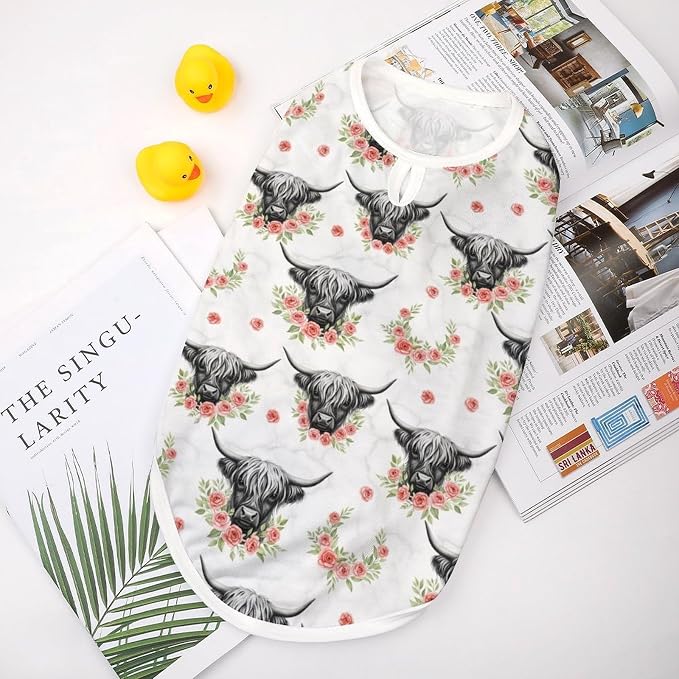Fashion Cat Shirt Dog Tank Tops Pet Soft Breathable Clothes Cute Decor Western Cowboy Animal Rose Grey Marble Flower Bull Cattle Highland Cow