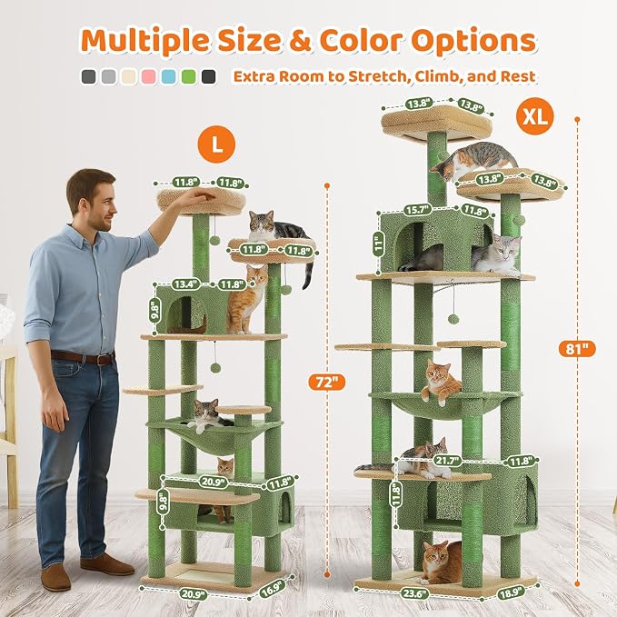 PAWZ Road 81" Cactus Cat Tree XXL Condo Hammock &2 Perches for Adult Cats | green large cat tree tower, 20"×16" hammock for maine cats, cute cat tower large condos,7 scratch posts & bottom scratcher