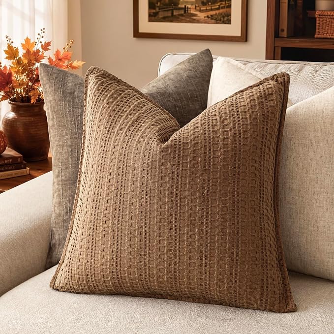 Foindtower Set of 2 Decorative Cotton Waffle Weave Throw Pillow Covers Euro Shams Cushion Covers Accent European Pillowcase for Bed Couch Sofa Bedroom Living Room Home Decor 18×18 Inch Orange Brown